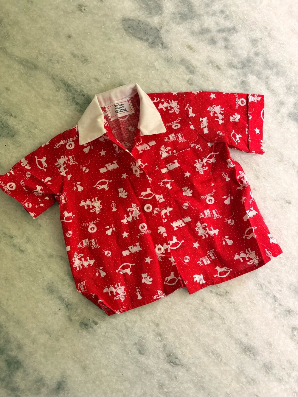 Handmade Toddler Red Holiday Print Shirt with White Collar